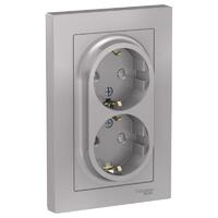 Розетка 2-м СП AtlasDesign 16А IP20 с заземл. защ. шторки в сборе алюм. SE ATN000326 - УПС инжиниринг