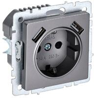 Розетка BRITE РЮш10-1-БрС 16А с USB A+A 2.1А с заземл. защ. шторки механизм сталь IEK BR-R14-16-U21-D21-K46 - УПС инжиниринг